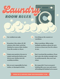 Laundry room rules flyer template with illustrated washing machine and bubbles