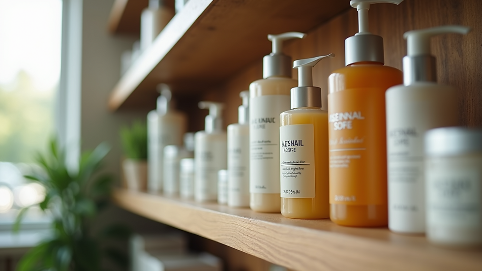 Eye-level view of a shelf with natural hair care products in a salon