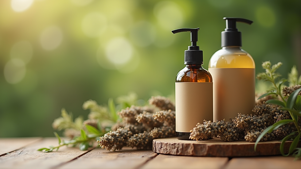 Close-up view of herbal haircare products arranged on a wooden table