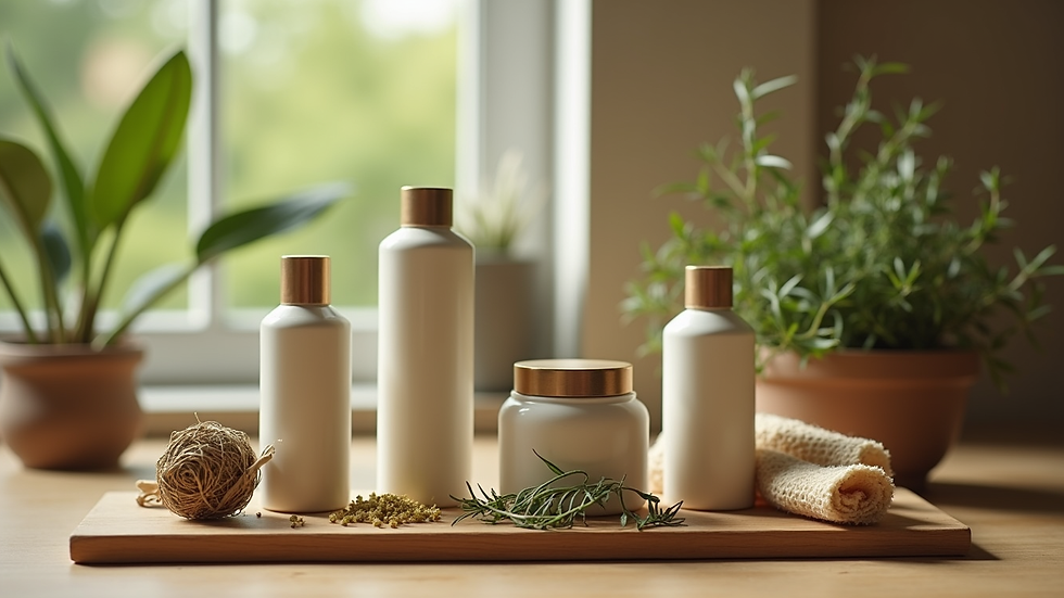 Close-up view of herbal hair care products arranged on a wooden table