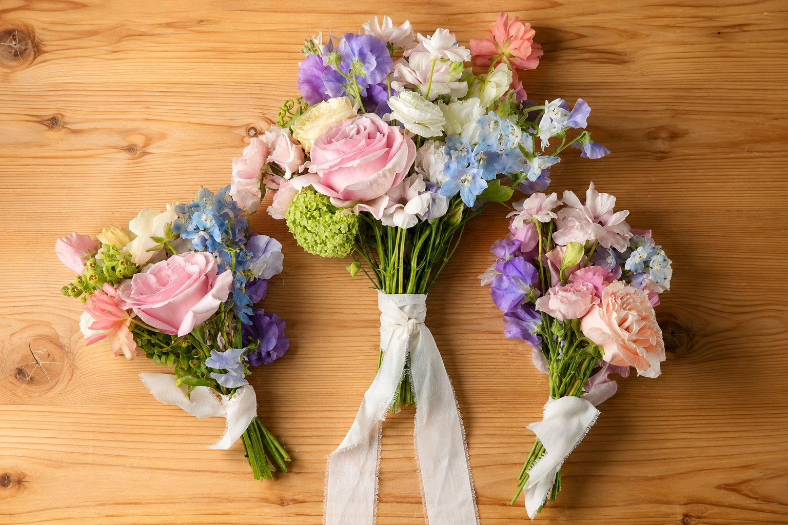 Three pastel wedding bouquets laid on a wooden table