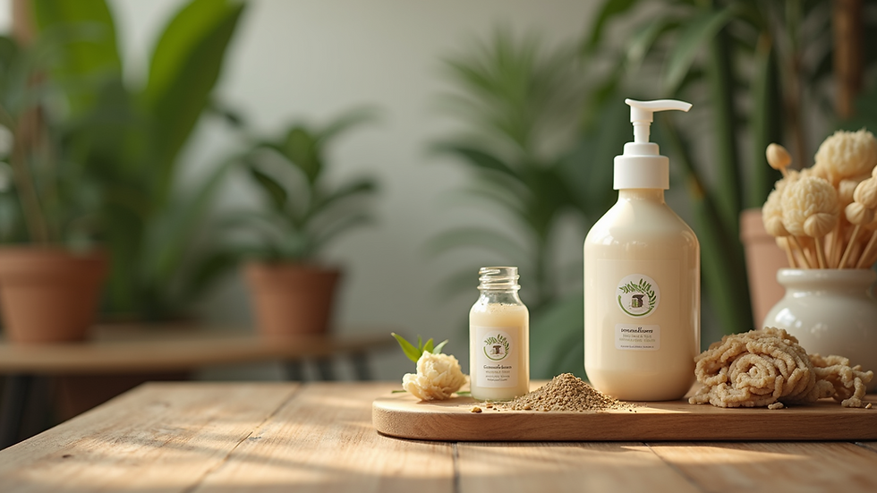 Eye-level view of eco-friendly promotional items on a wooden table