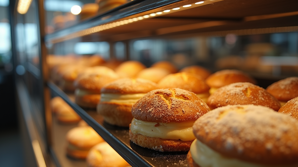Eye-level view of a bakery display with fresh pastries