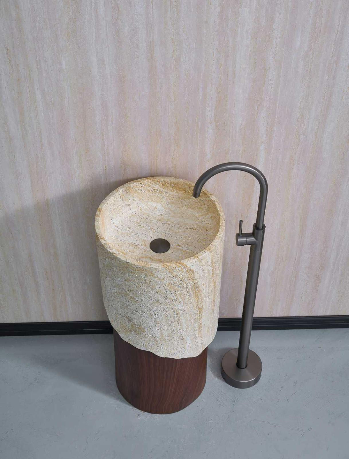 טרה כיור ארטיפיקל סטון ריצפתי משולב טרוונטין בז ועץ