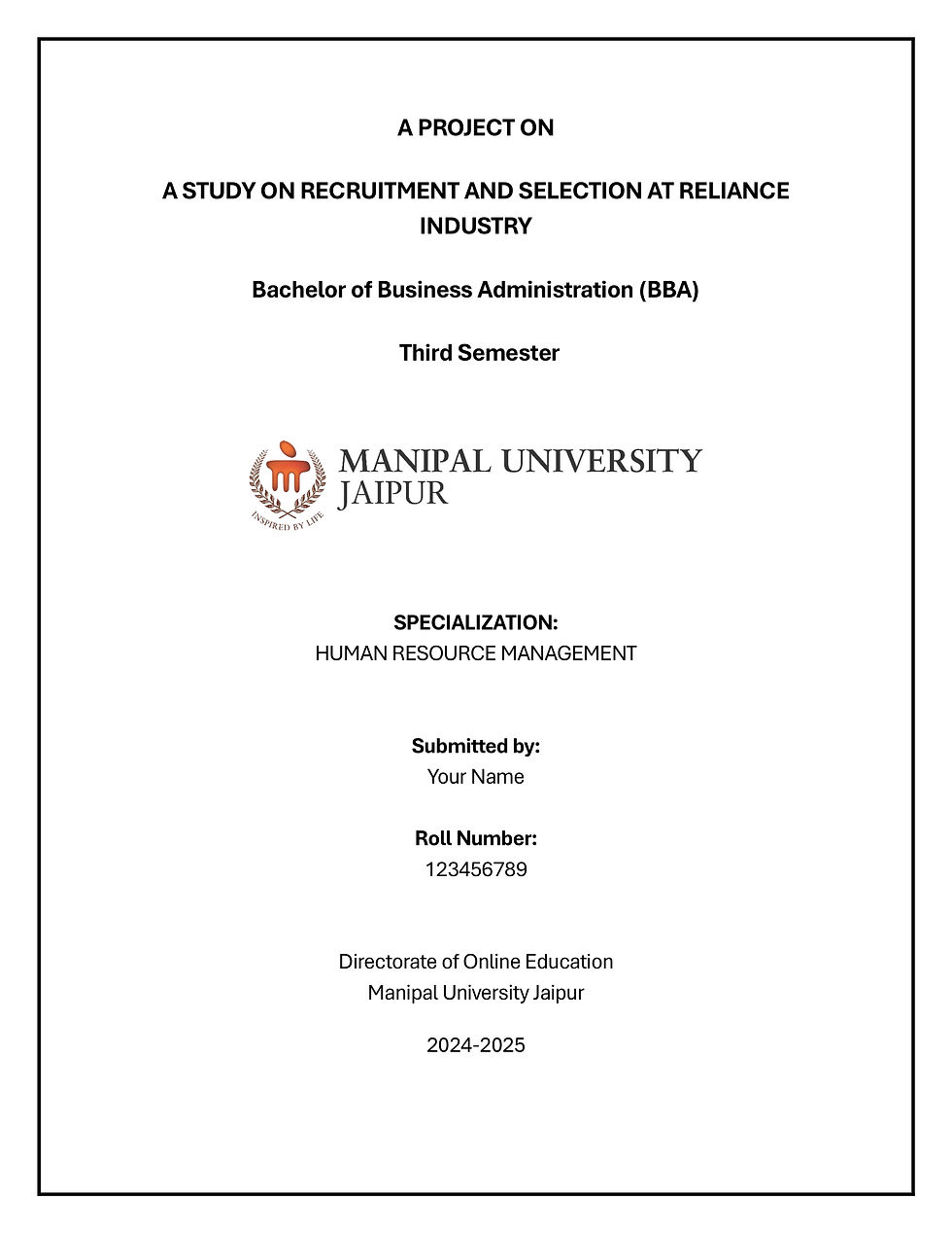 Manipal University research project title page.
