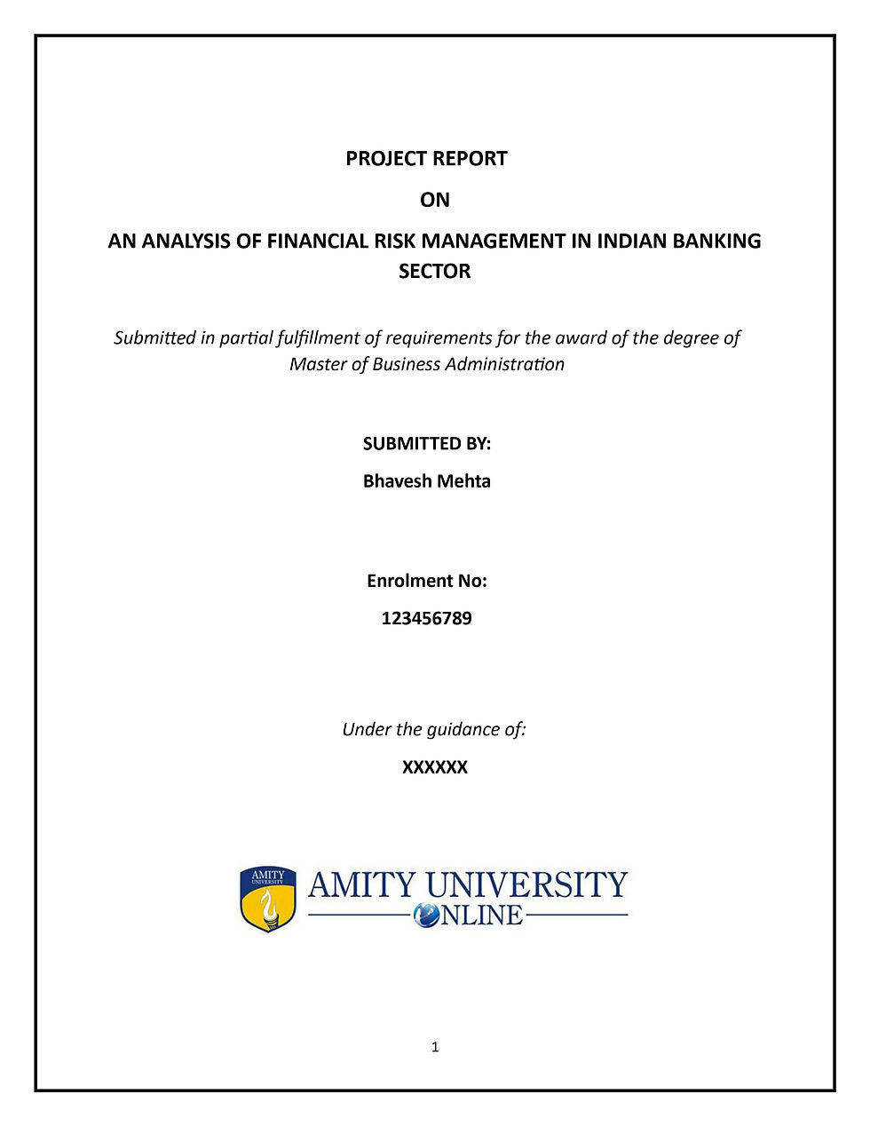 Amity University Project Cover Page Template