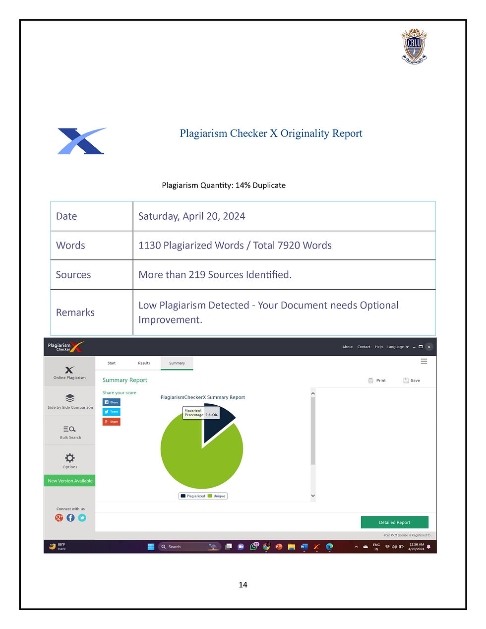 Plagiarism Report – Chaudhary Bansi Lal University Project