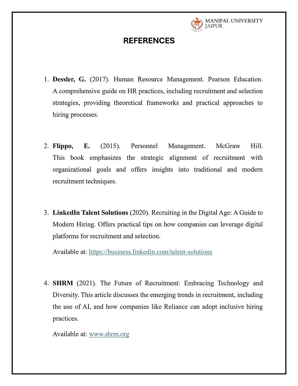 References for Manipal University Project