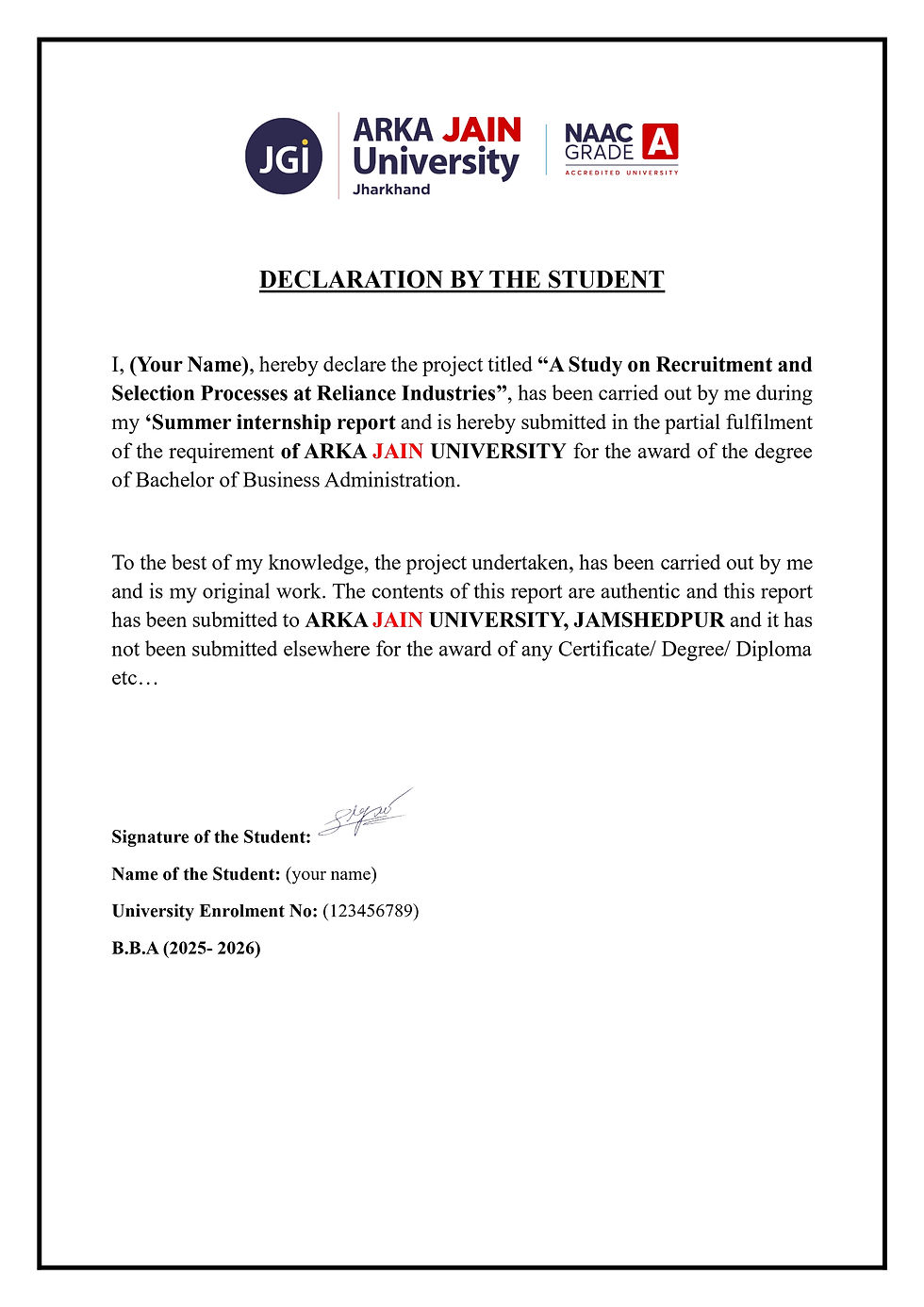 Declaration page of Arka Jain University research project.