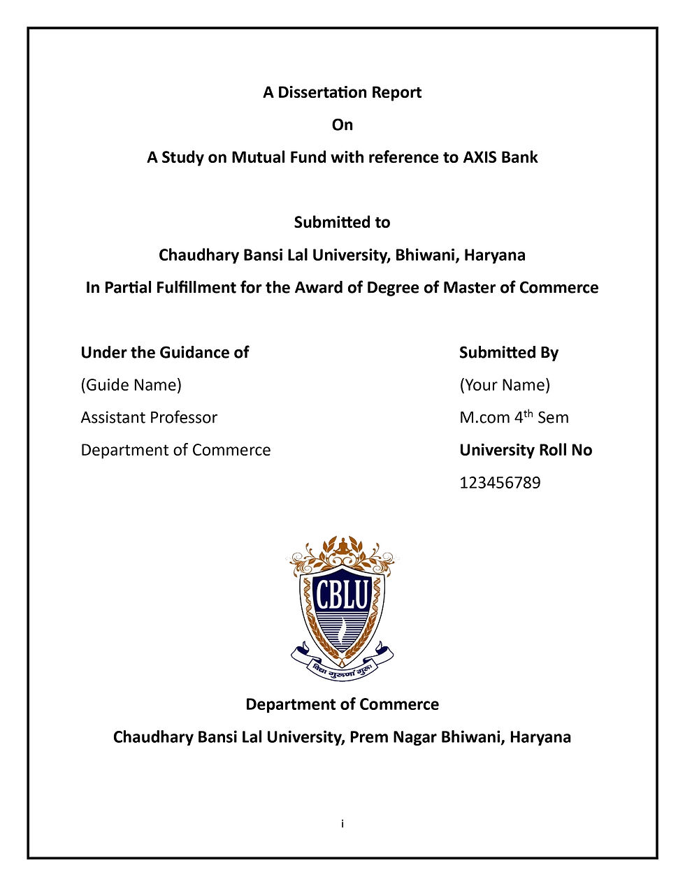 Chaudhary Bansi Lal University Project Cover Page