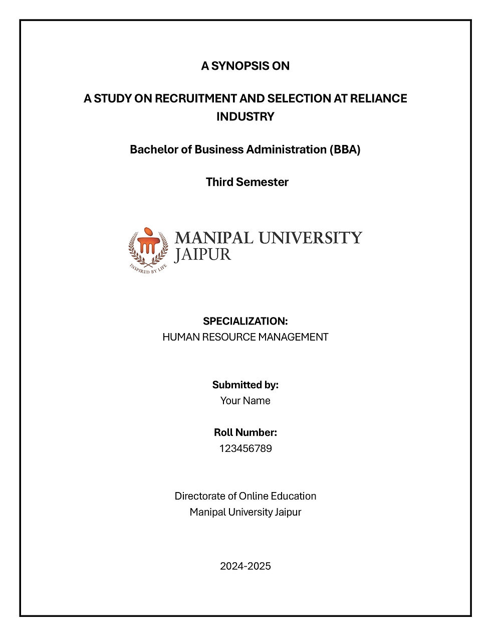 Cover Page for Manipal University Research Project Synopsis