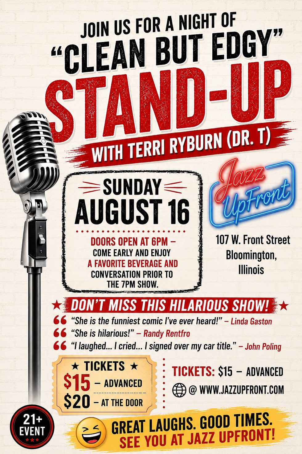 Clean But Edgy Stand-Up Comedy with Terri Ryburn (Dr. T) at Jazz UpFront