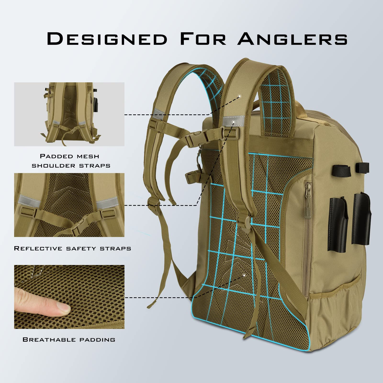 KastKing KarryAll Fishing Backpack with Rod Holder 4 Tackle Boxes, Khaki