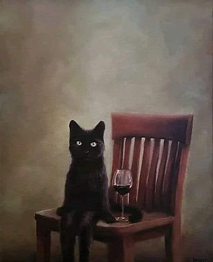 A painting of a black cat on a chair with a glass of red wine