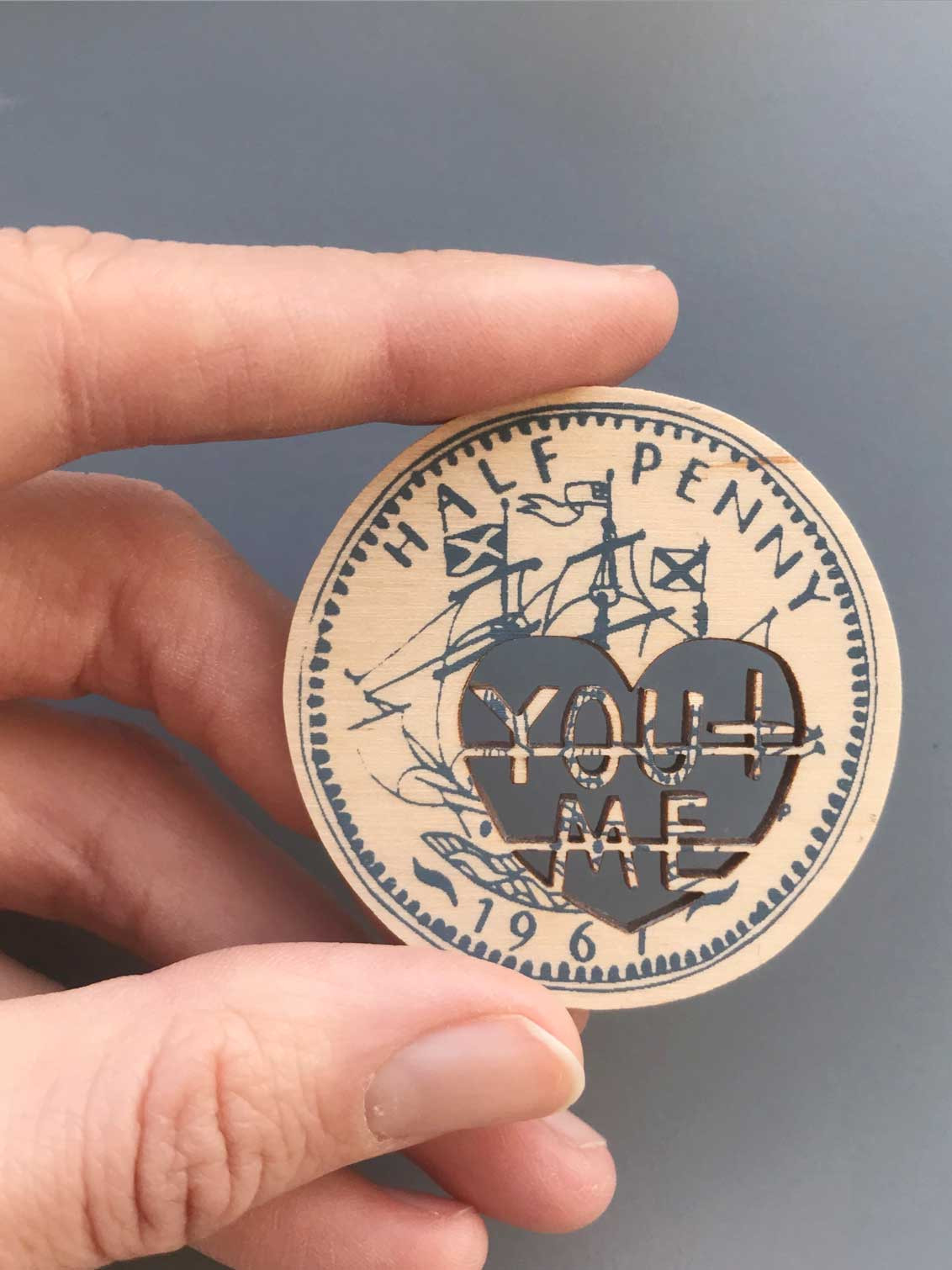 Wooden 'You + Me' Love Token Friendship Coin