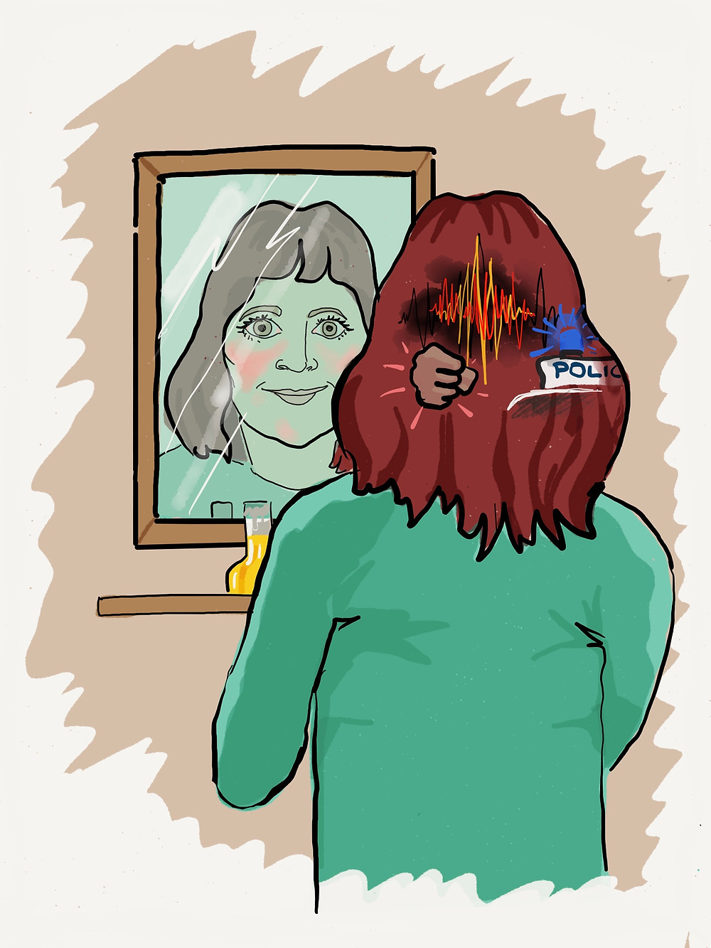 Woman smiling in the mirror re-living negative memories illustrated on the back of her head
