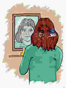 Woman smiling in the mirror re-living negative memories illustrated on the back of her head