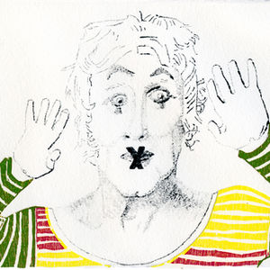 Monotype reduction woodcut mime striped shirt gloves black white colour