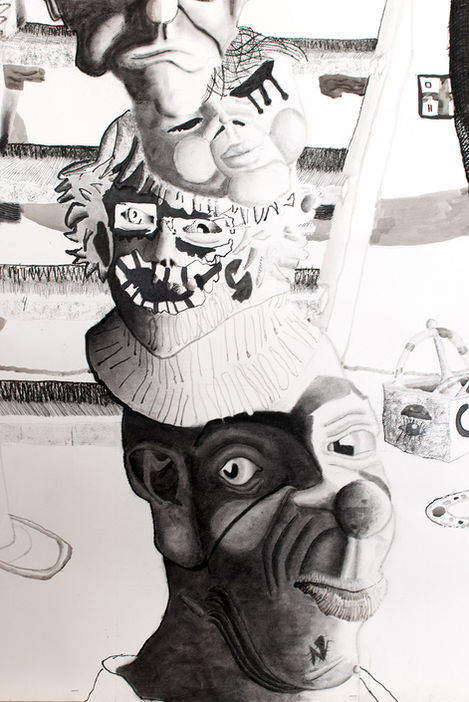 Charcoal drawing clown clown nose stacked heads faces detail of a large format drawing