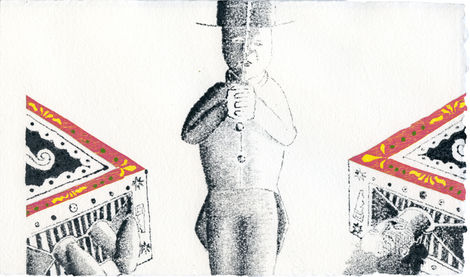 Monotype reduction woodcut magician saw half mishap magic box black white colour