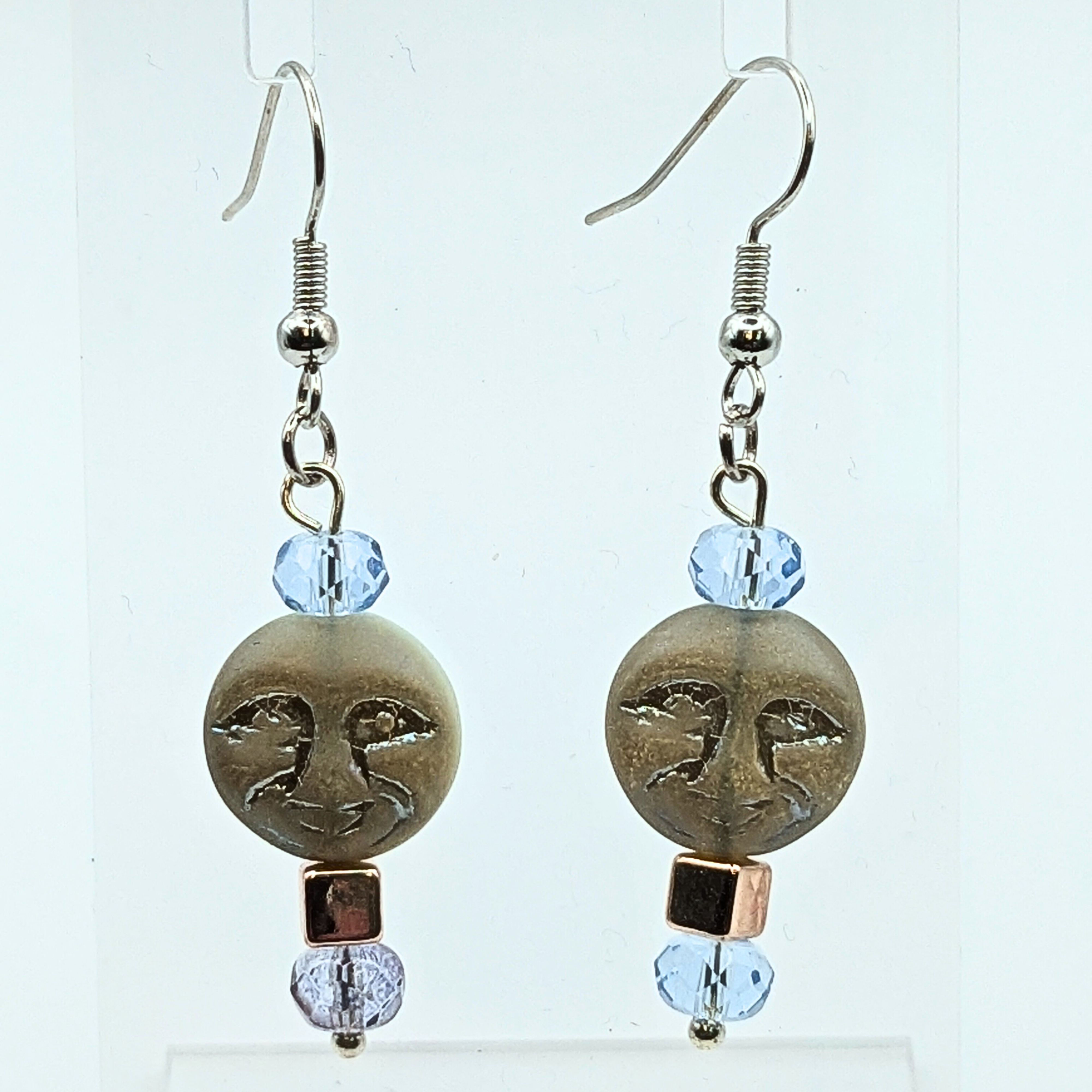 Czech Glass Moon Face Dangle Earrings