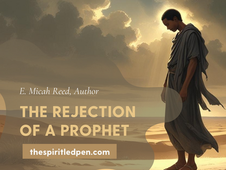 A solitary prophet in robes stands in a desert under a cloudy sky with sunlight breaking through. Text reads: “The Rejection of a Prophet” by E. Micah Reed.