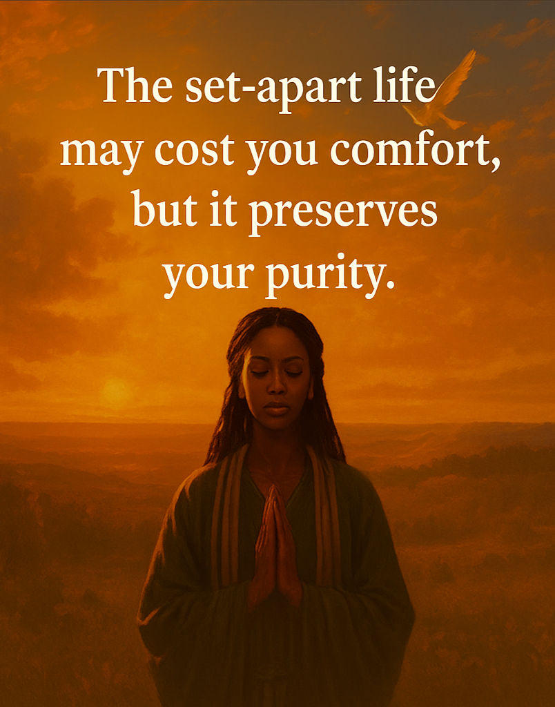 Inspirational digital art of a prophet at sunrise with overlay text: “The set-apart life may cost you comfort, but it preserves your purity.”