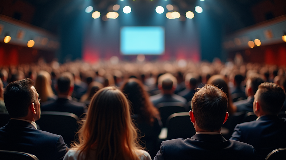 Wide angle view of a public debate stage with an audience engaged