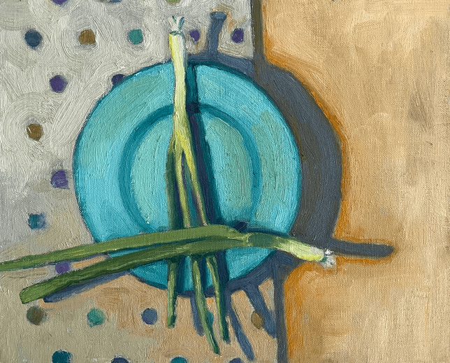 oil painting of green onions on a plate