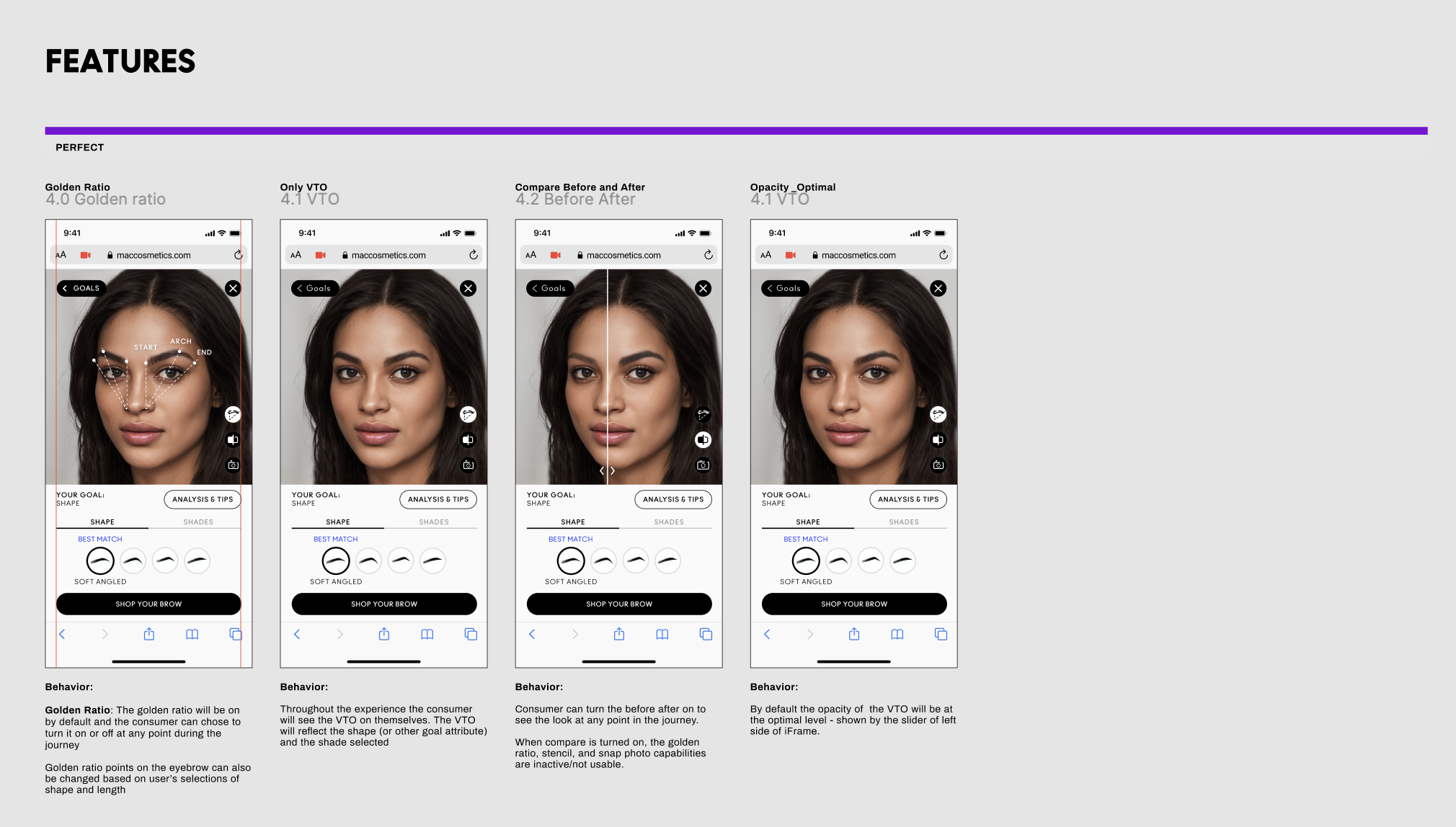 Golden ratio overlay guiding users toward ideal brow proportions.