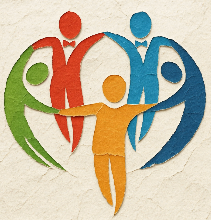 Abstract illustration of multicolored human figures forming a circle, each placing a hand on the shoulder of the person next to them. The figures are green, red, blue, purple, and yellow.