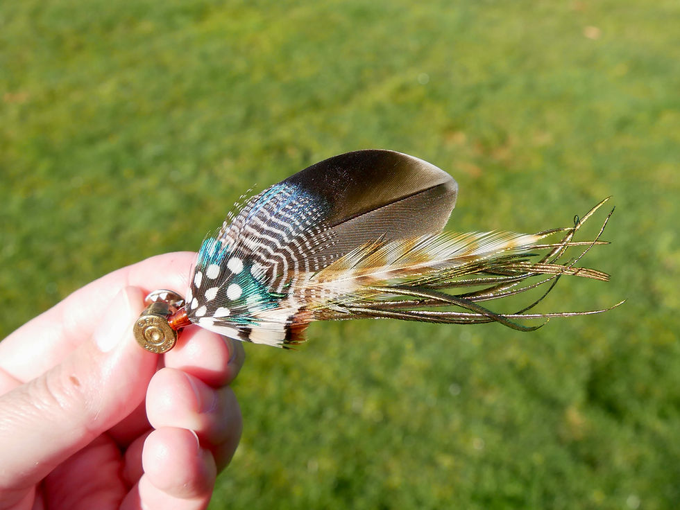 Thumbnail: Petite Mallard Hat Pin With a Splash of Guinea Fowl Spots In Hand For Size