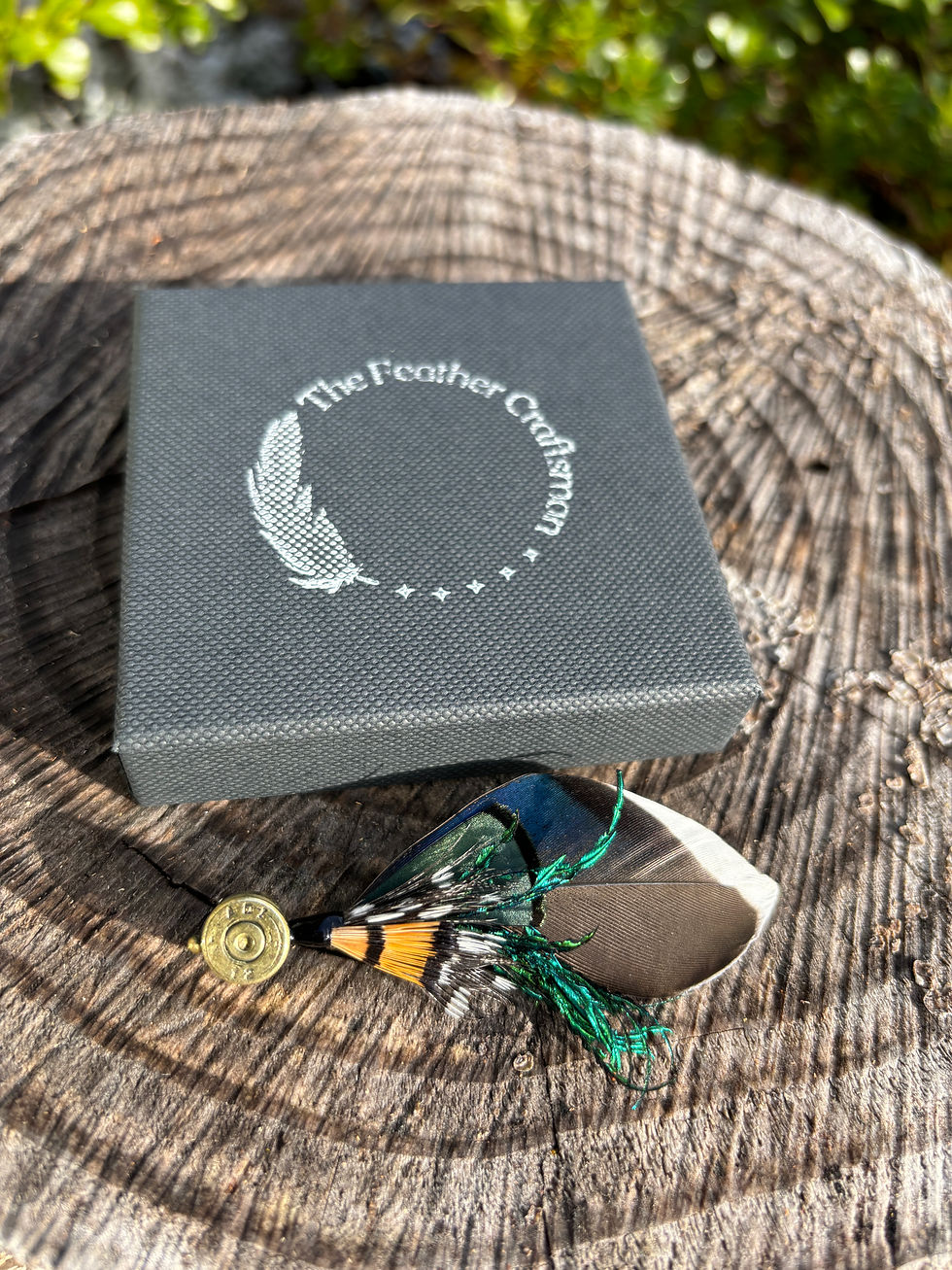 Thumbnail: Small Mallard Feather Hat Pin Featuring Pheasant, Peacock and Guinea Fowl Feathers Beside Presentation Box