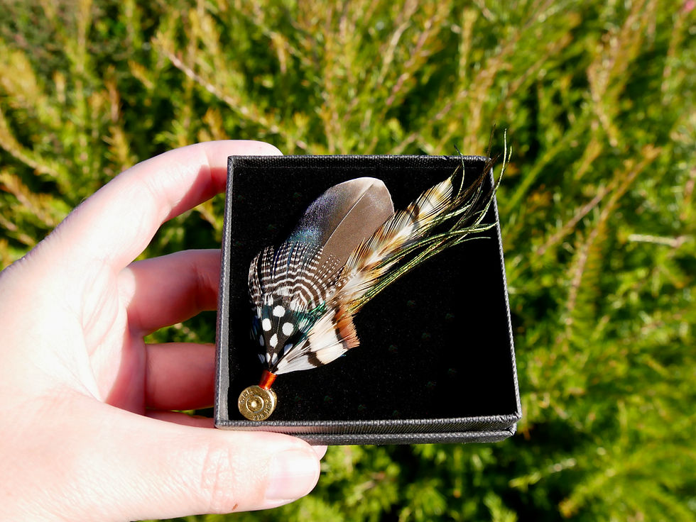 Thumbnail: Petite Mallard Hat Pin With a Splash of Guinea Fowl Spots In Presentation Box