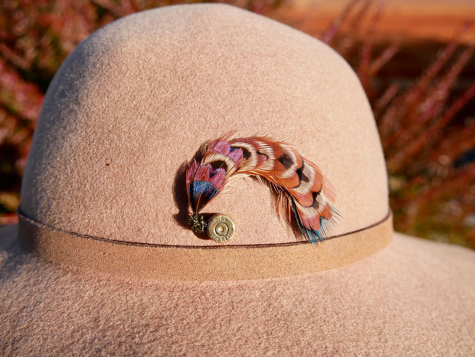 Arched Hen and Male Pheasant Hat Pin on Hat