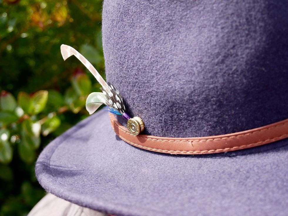 Splayed Pheasant and Parrot Hat Pin On Hat - Side View