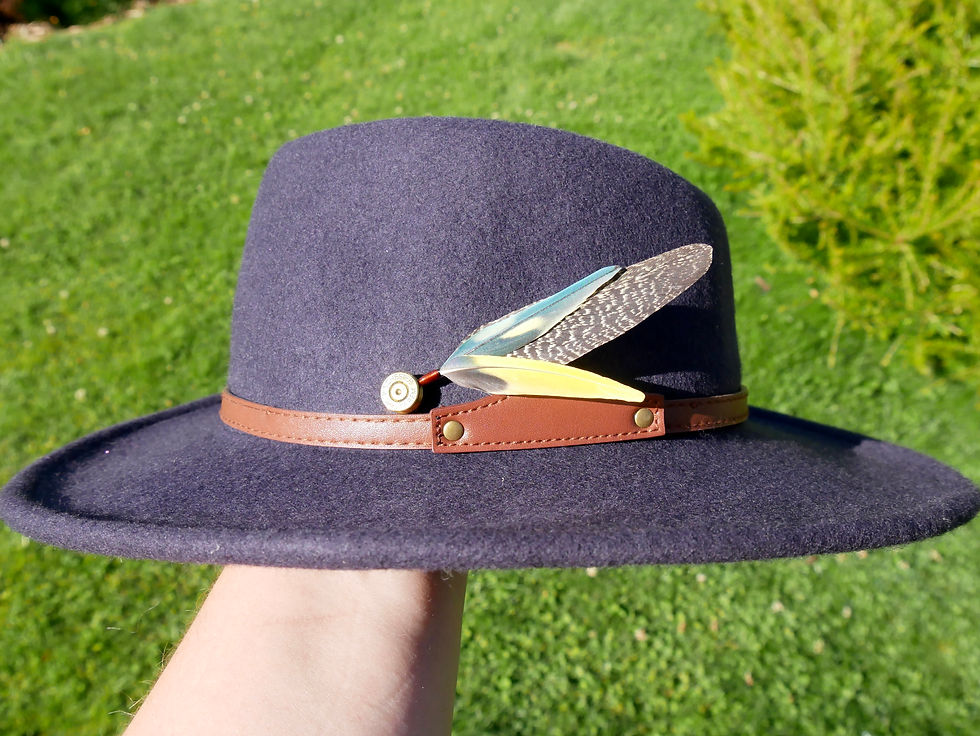 Naturally Moulted Parrot and Parakeet Feather Hat Pin On Hat