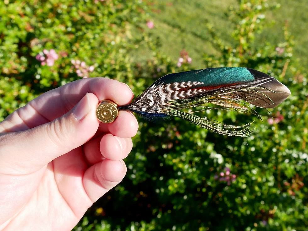 Green Mallard and Peacock Real Feather Hat Pin In Hand