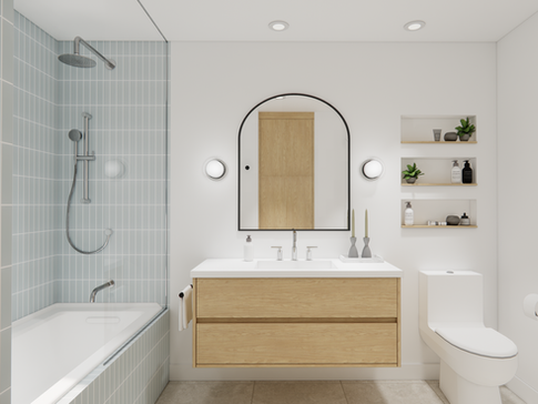 Design intérieur de salle de bain au style moderne et chaleureux. Projet clé en main mettant en valeur céramique et finitions raffinées.