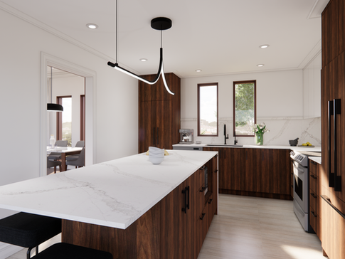 Rénovation clé en main d’une cuisine à Laval au style contemporain, combinant luminosité, caractère, bois foncé et finitions noires élégantes.