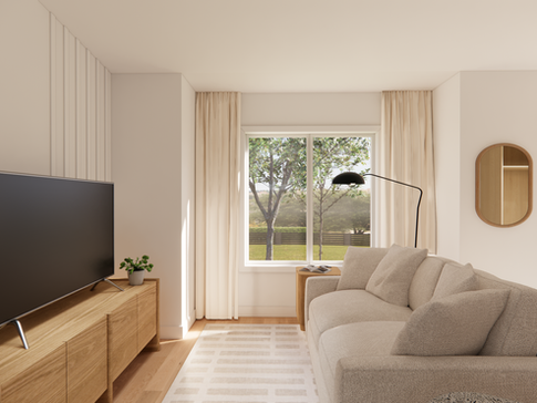 Design intérieur moderne pour un salon pratique et accueillant. Projet de rénovation clé en main au rez-de-chaussée d’une maison unifamiliale.