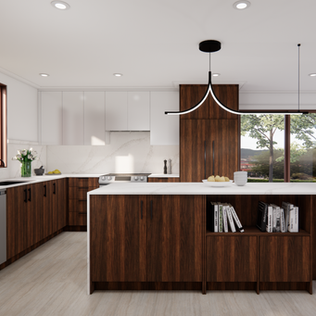 Cuisine contemporaine rénovée à Laval avec îlot central, armoires blanches lustrées, bois foncé et accents noirs dans un espace lumineux et réaménagé clé en main.