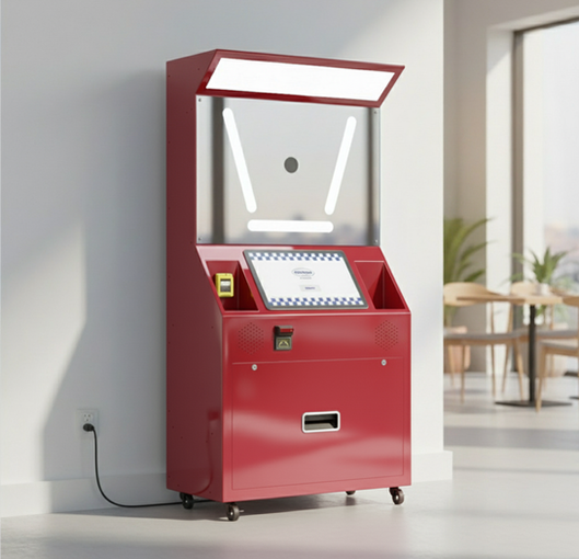 Red Standard Angle photo booth inside a cafe