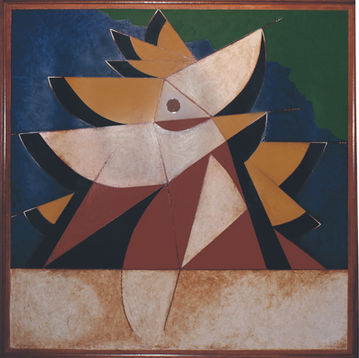 The Conquest Series (1989), artwork by Luis Diaz. Oil on canvas, 120 x 120 cm, mahogany frame.