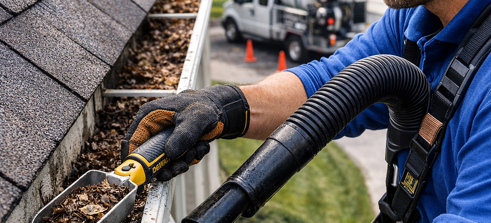 Ai Generated SBC Pressure Washing pressure washing technician cleaning out a clogged gutter with a hand shovel