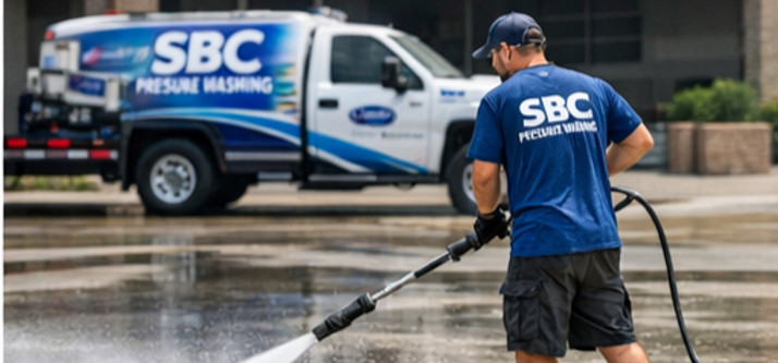 AI generated SBC Pressure Washing pressure washing technician cleaning a commercial buildings concrete