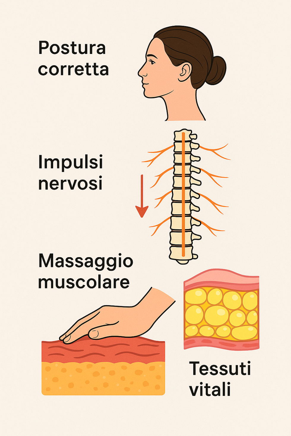 Schema posturale in italiano che mostra il collegamento tra postura scorretta, contratture muscolari e sistema nervoso con evidenza dei segnali di dolore e stress.