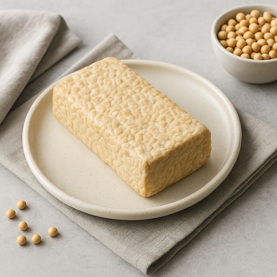 Fette di tempeh di soia fermentata, fonte vegetale di proteine ad alto valore biologico