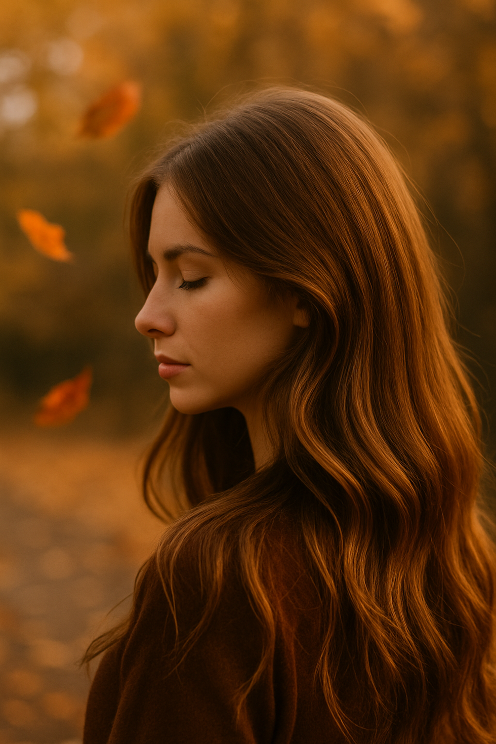Donna dai lunghi capelli castani immersa nella luce dorata dell’autunno, simbolo della naturale caduta e rigenerazione dei capelli stagionale.”