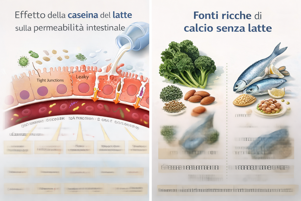 Infografica che spiega l’effetto della caseina del latte sulla permeabilità intestinale e sull’attivazione del sistema immunitario.